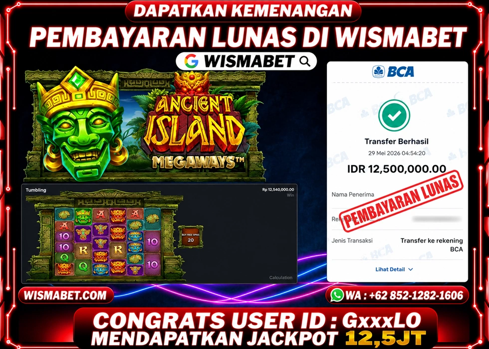 WISMABET - BUKTI KEMENANGAN JACKPOT Ancient island Rp12,500,000,- LUNAS